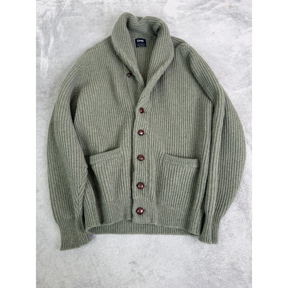 Drake's London Lambswool Shawl Collar Cardigan Sweater Men's Size Medium Green